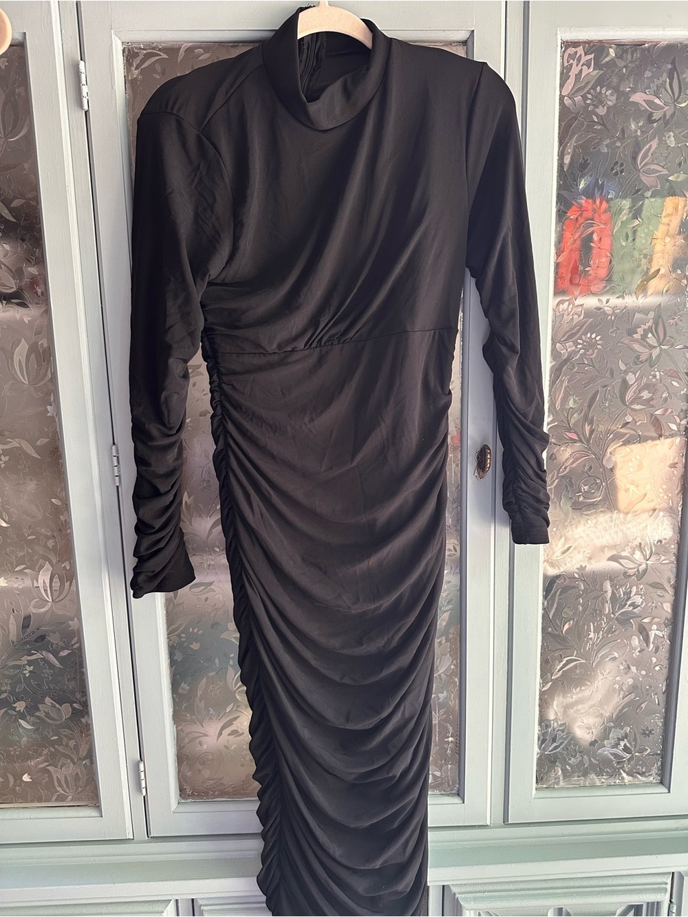 Long-Sleeve Black Ruched Midi Dress with Mock Neck
